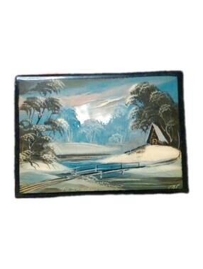 Fedoskino Hand-painted Russian Lacquer Box, Mother of Pearl Inlay winter Signed